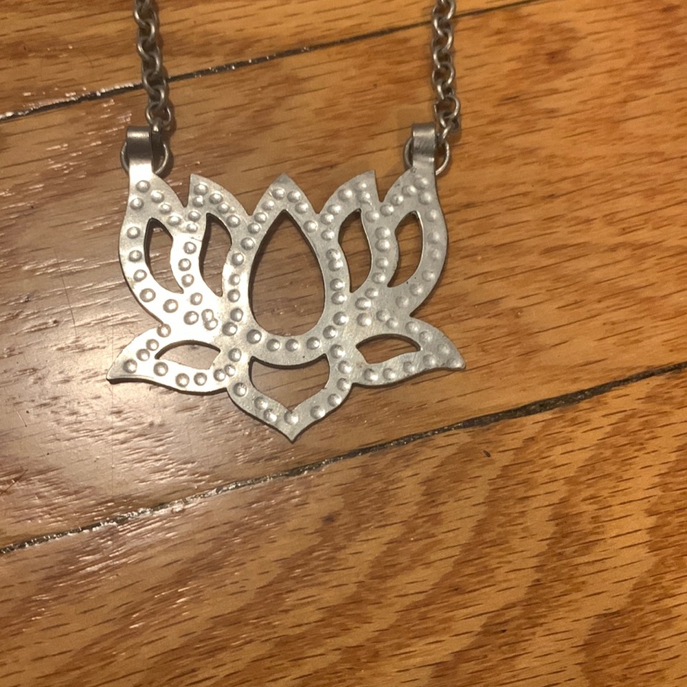 Lotus Flower Necklace - Hammered Texture - Silver Tone - yoga meditation etc